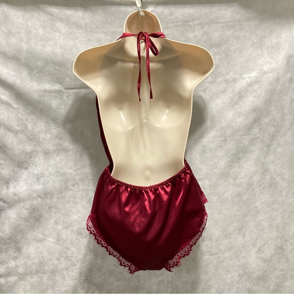 AVID LOVE Silky Satin Lace Halter Teddy Bodysuit One Piece Burgundy Womens Small - Picture 6 of 16